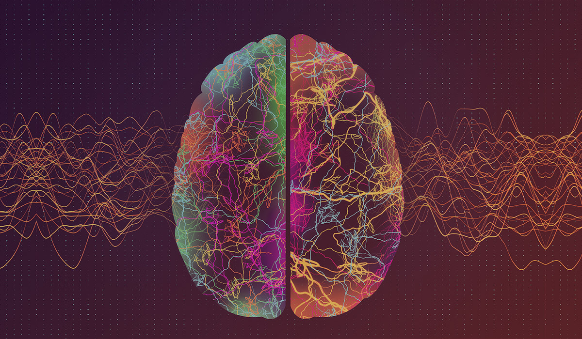 Illustration of a brain with each hemisphere depicted in vibrant colors, intersected by a network of intricate, colorful lines. Surrounding the brain are wavy lines, resembling brainwaves, on a dark background with faint grid patterns.