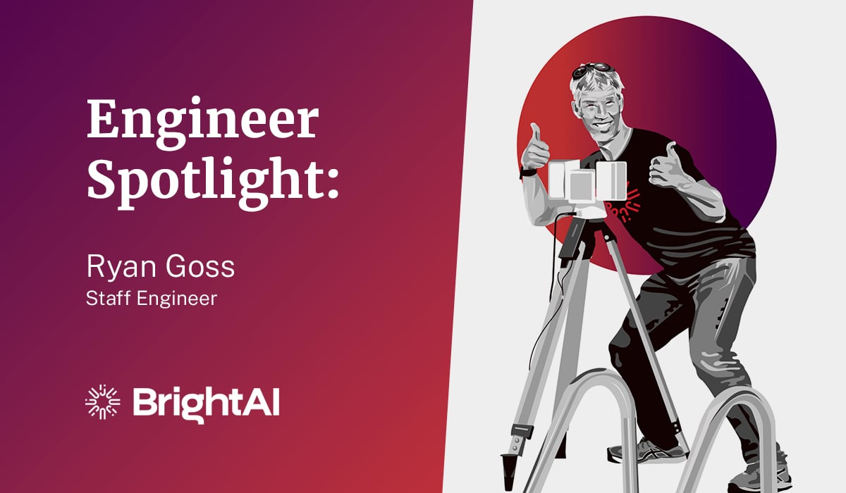 Graphic depicting an Engineer Spotlight for Ryan Goss, a staff engineer. On the right, an illustrated man poses confidently with a thumbs-up. The background fades from purple to red, featuring the BrightAI logo at the bottom.