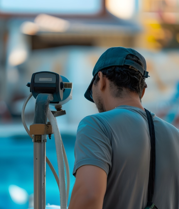 person in short sleeves and hat working with construction sensor device 