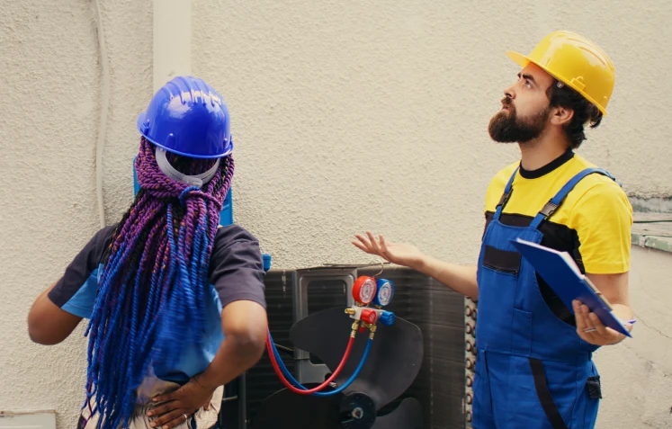 Two construction workers wearing helmets are at a site. One, with purple braided hair, stands facing away, hands on hips. The other, with a beard and clipboard, gestures upward. They are near an outdoor HVAC unit.