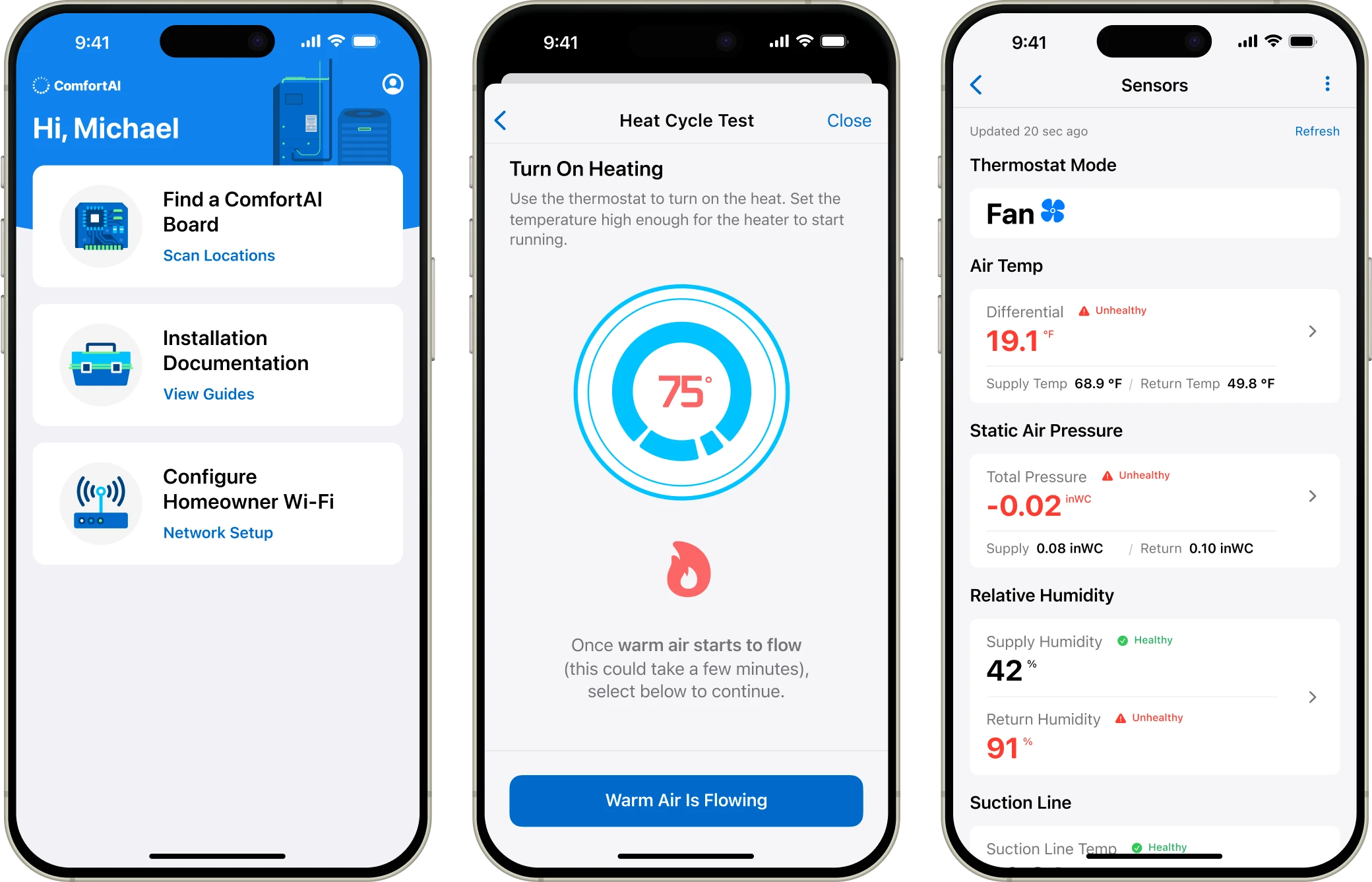 Three smartphones display an HVAC control app. The first shows a dashboard with options, the second shows a heating test with a gauge at 75, and the third shows sensor readings, including air temperature and humidity.