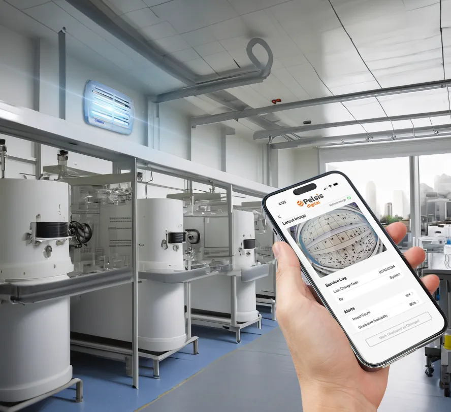 A person holds a smartphone in a laboratory, displaying a Pedis app screen with equipment data. The lab features large white machines, a clean, modern environment, and a blue insect control device on the wall.