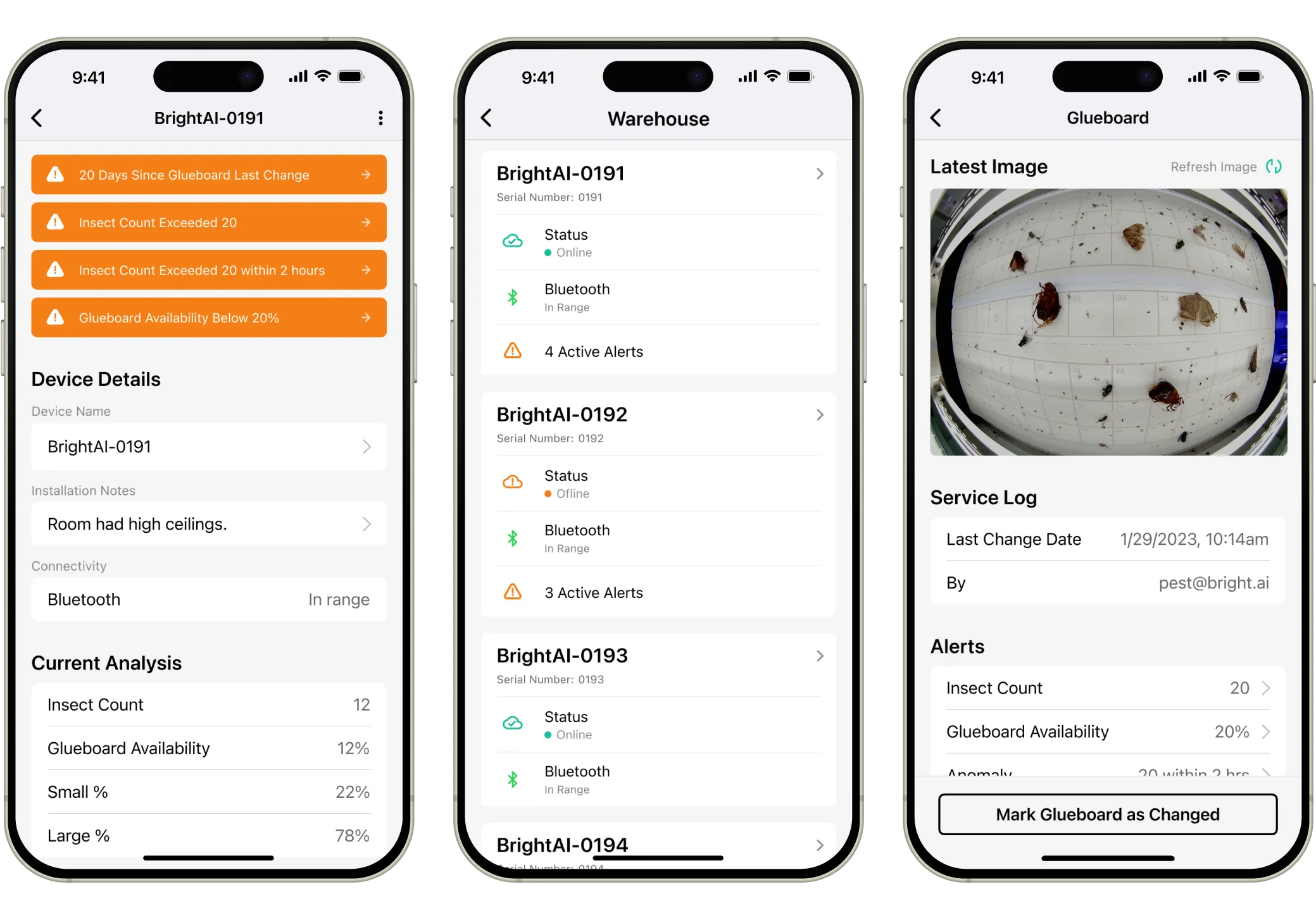 Three smartphone screens display an insect monitoring app. The first screen shows device alerts, the second lists warehouse devices, and the third provides a service log with an image of insects in a trap.