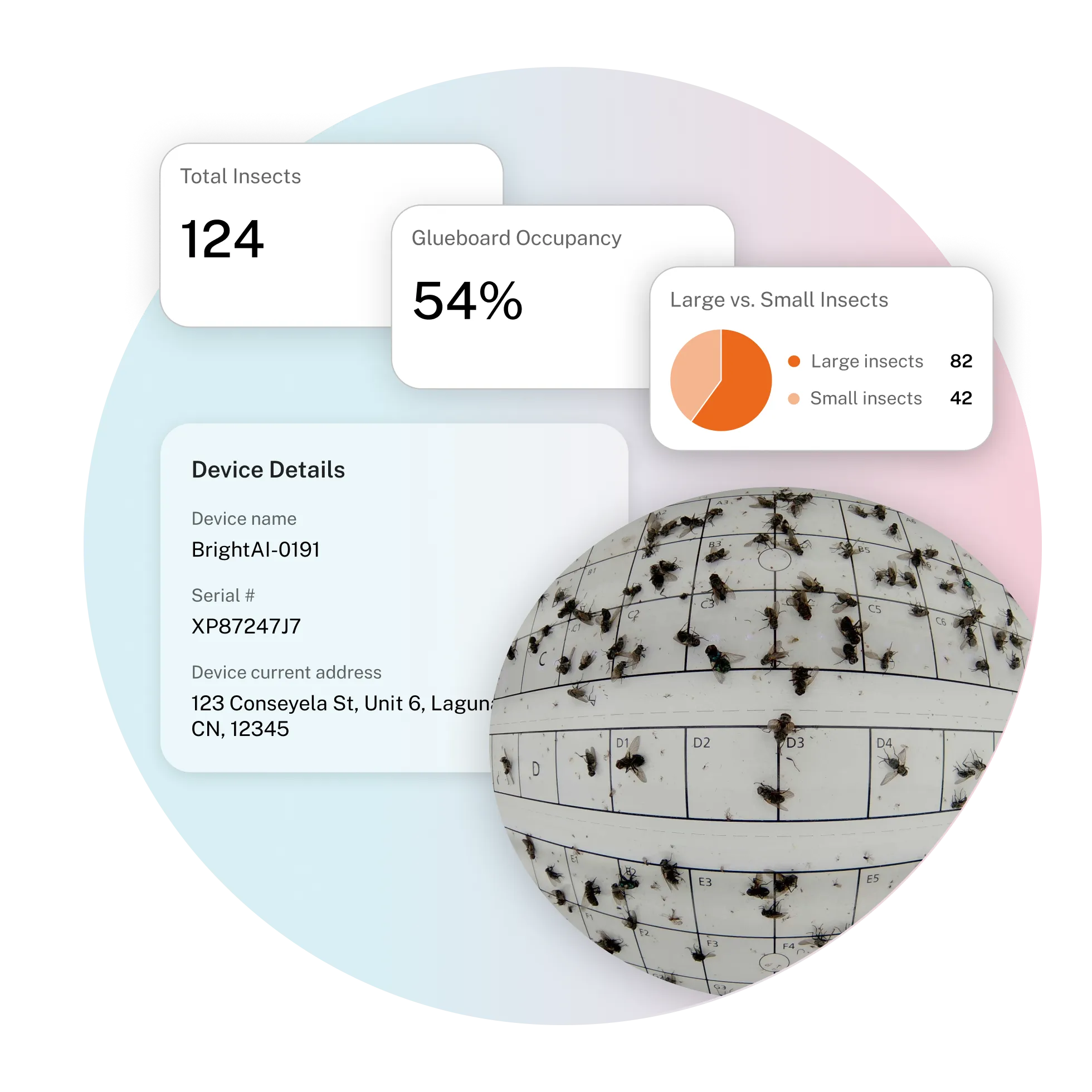 Image showing a monitoring dashboard for insects. Total insects: 124. Glueboard occupancy: 54%. Large insects: 82, Small insects: 42. Device details: Serial #XP87247J7, located at 123 Conseya St, Unit 6, Laguna CN 12345. Image of insects inside a grid.