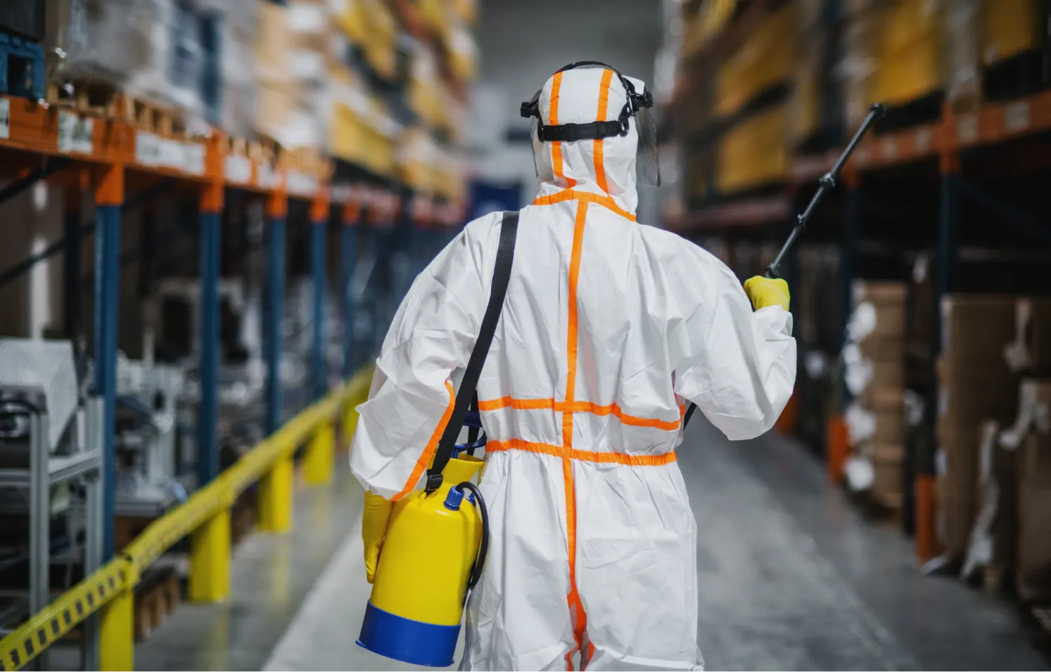 Person in a hazmat suit and protective gear holds a spray wand, walking through a warehouse aisle. They carry a blue and yellow container. Shelves filled with various items line the sides of the aisle.