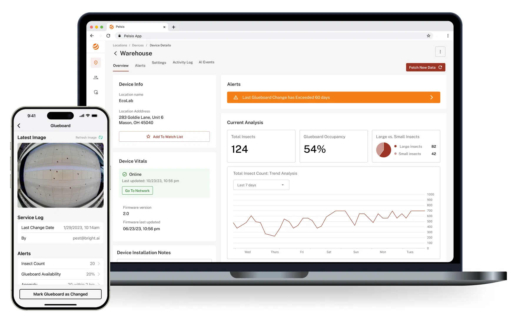 A smartphone and laptop display an app interface for insect monitoring in a warehouse. The laptop shows current analysis with charts, alerts, and device info. The smartphone shows the same app with a log and alerts visible.