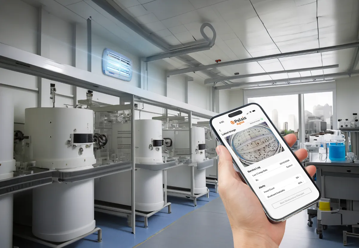 A person holds a smartphone showing an industrial app interface in a modern laboratory. The lab contains large machines and industrial equipment. A window on the right allows natural light to enter, enhancing the clean and organized setting.