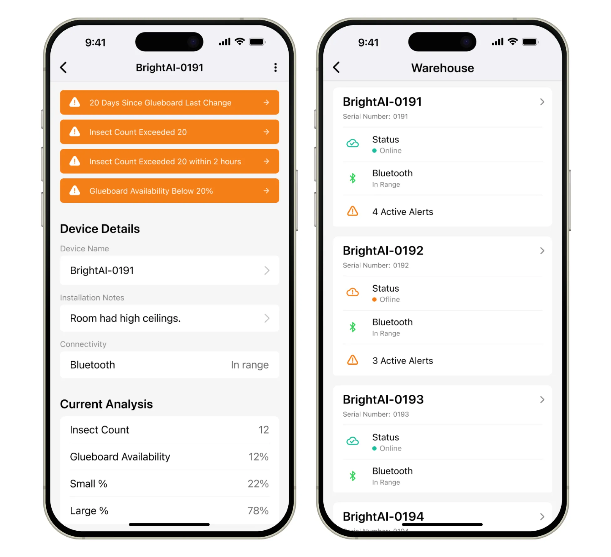 Two smartphone screens display an apps interface. The left screen shows device details and insect count warnings. The right screen shows a device list with status highlights, including alerts and connectivity details.