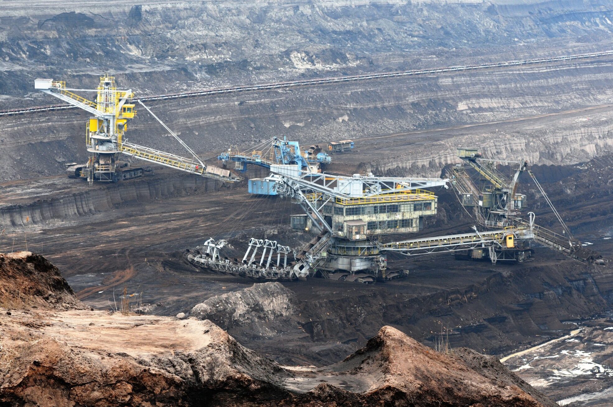 aerial view in coal mine with bucket wheel excavator 